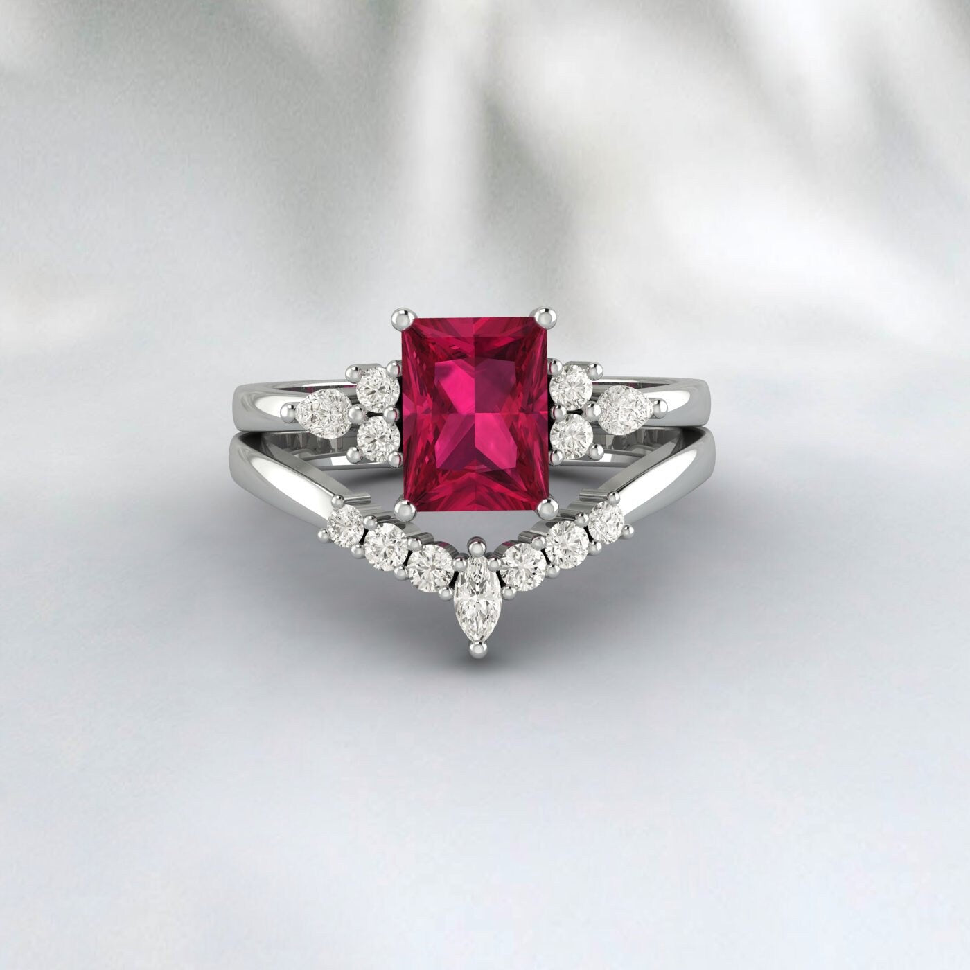 Bague de fiançailles rubis coupe radiante bande de mariée de mariage vintage unique