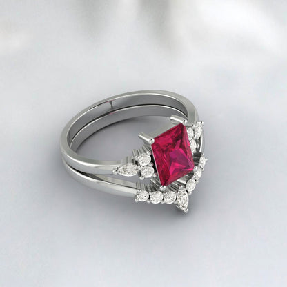 Bague de fiançailles rubis coupe radiante bande de mariée de mariage vintage unique