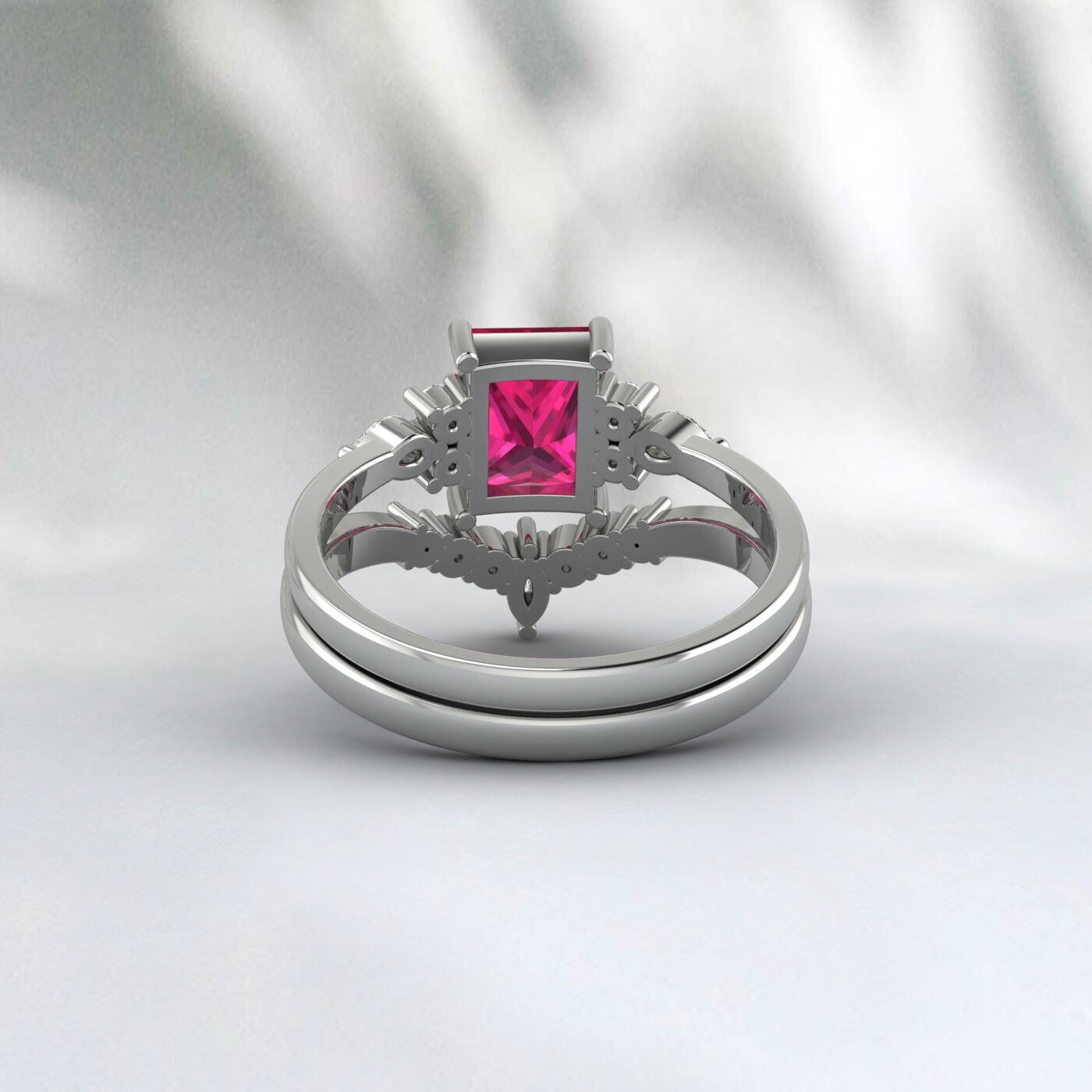 Bague de fiançailles rubis coupe radiante bande de mariée de mariage vintage unique