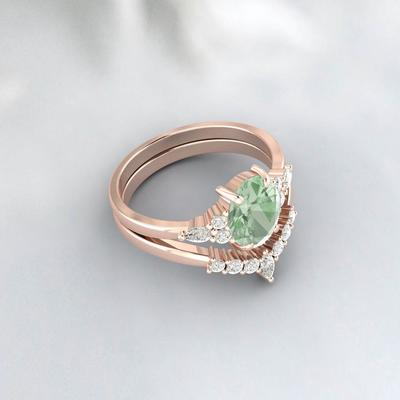 Natural Green Amethyst Engagement Set Oval Wedding Bridal Ring