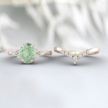 Natural Green Amethyst Engagement Set Oval Wedding Bridal Ring