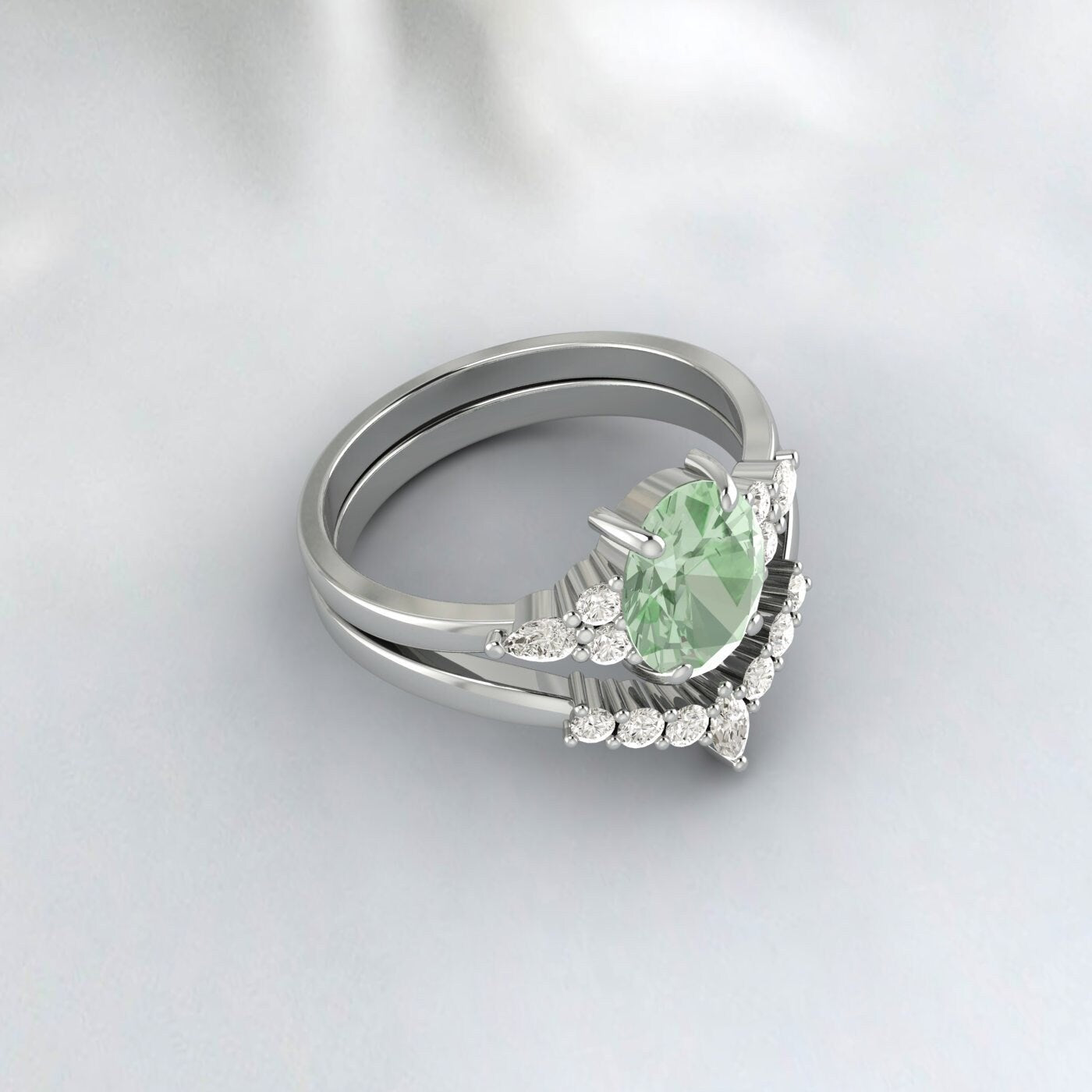 Natural Green Amethyst Engagement Set Oval Wedding Bridal Ring