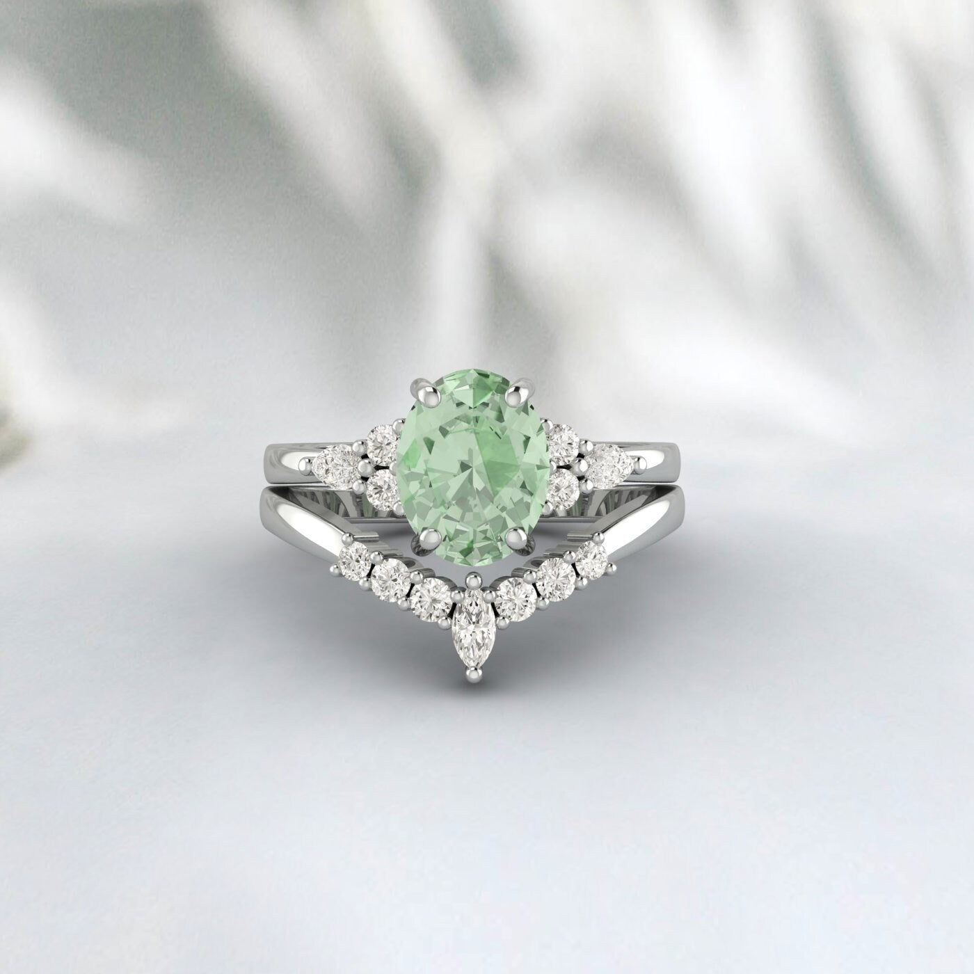 Natural Green Amethyst Engagement Set Oval Wedding Bridal Ring