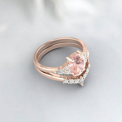 Ensemble de bagues en or rose Morganaite Sterling naturel, bague de fiançailles Morganaite de coupe ovale, bague de mariage en pierres précieuses roses, cadeau d’anniversaire pour elle