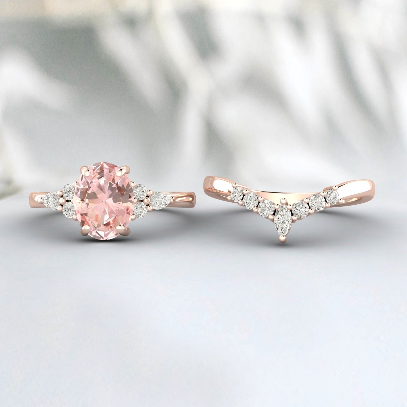 Natural Morganaite Sterling Rose Gold Ring Set, Oval Cut  Morganaite Engagement Ring, Pink Gemstone Wedding Ring, Anniversary Gift For Her