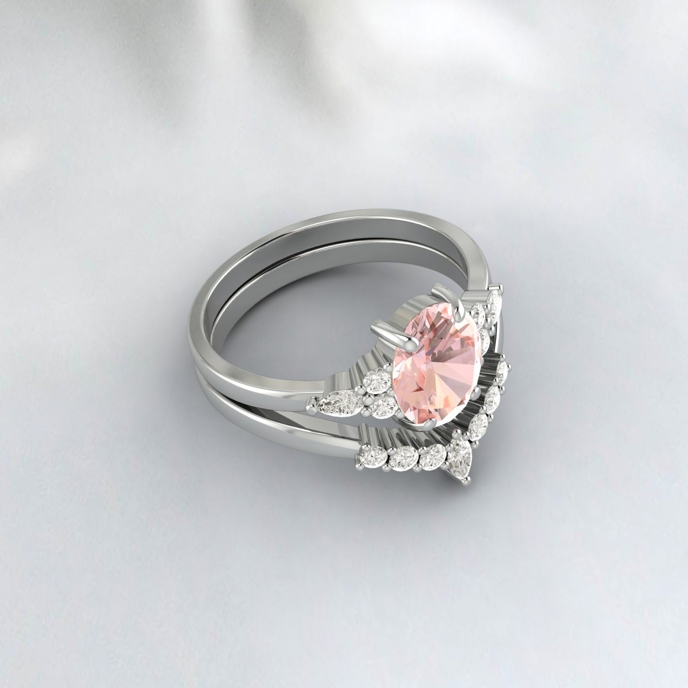 Ensemble de bagues en or rose Morganaite Sterling naturel, bague de fiançailles Morganaite de coupe ovale, bague de mariage en pierres précieuses roses, cadeau d’anniversaire pour elle