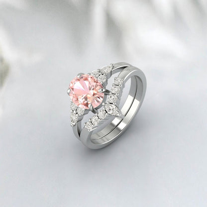 Ensemble de bagues en or rose Morganaite Sterling naturel, bague de fiançailles Morganaite de coupe ovale, bague de mariage en pierres précieuses roses, cadeau d’anniversaire pour elle