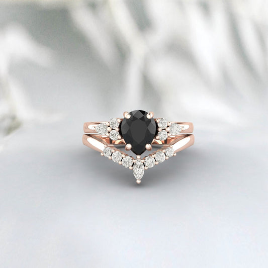 Pear Black Diamond Engagement Rings Set Sterling Silver Pear Black Cz Vintage Wedding Band