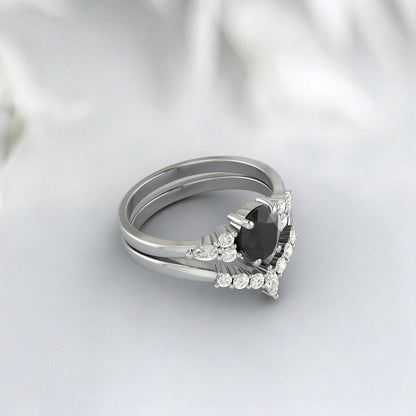 Ensemble de bagues de fiançailles en diamant noir poire, en argent sterling, bracelet de mariage Vintage en Cz noir