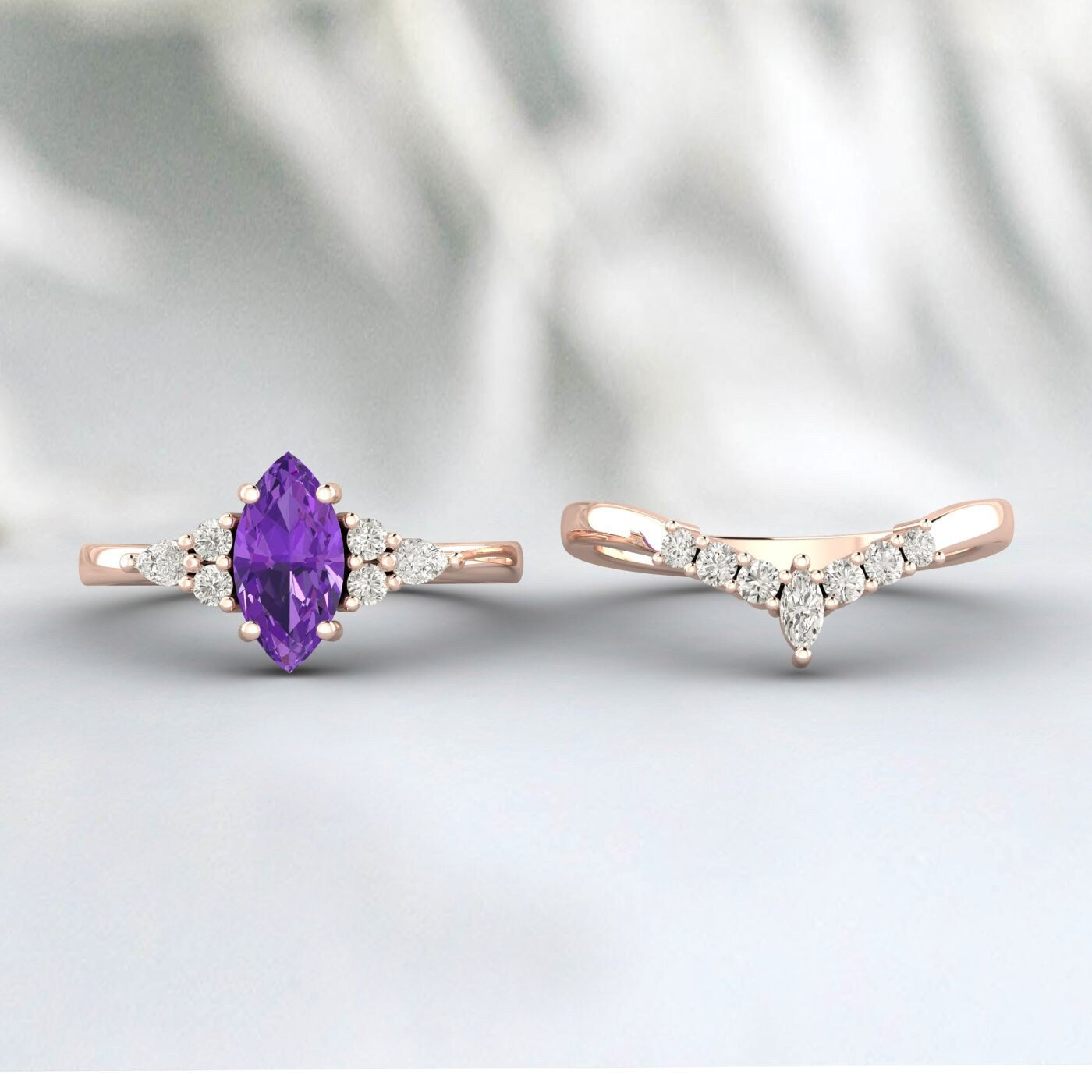 Marquise Cut Purple Amethyst Ring Engagement Ring Set Bridal Ring Set