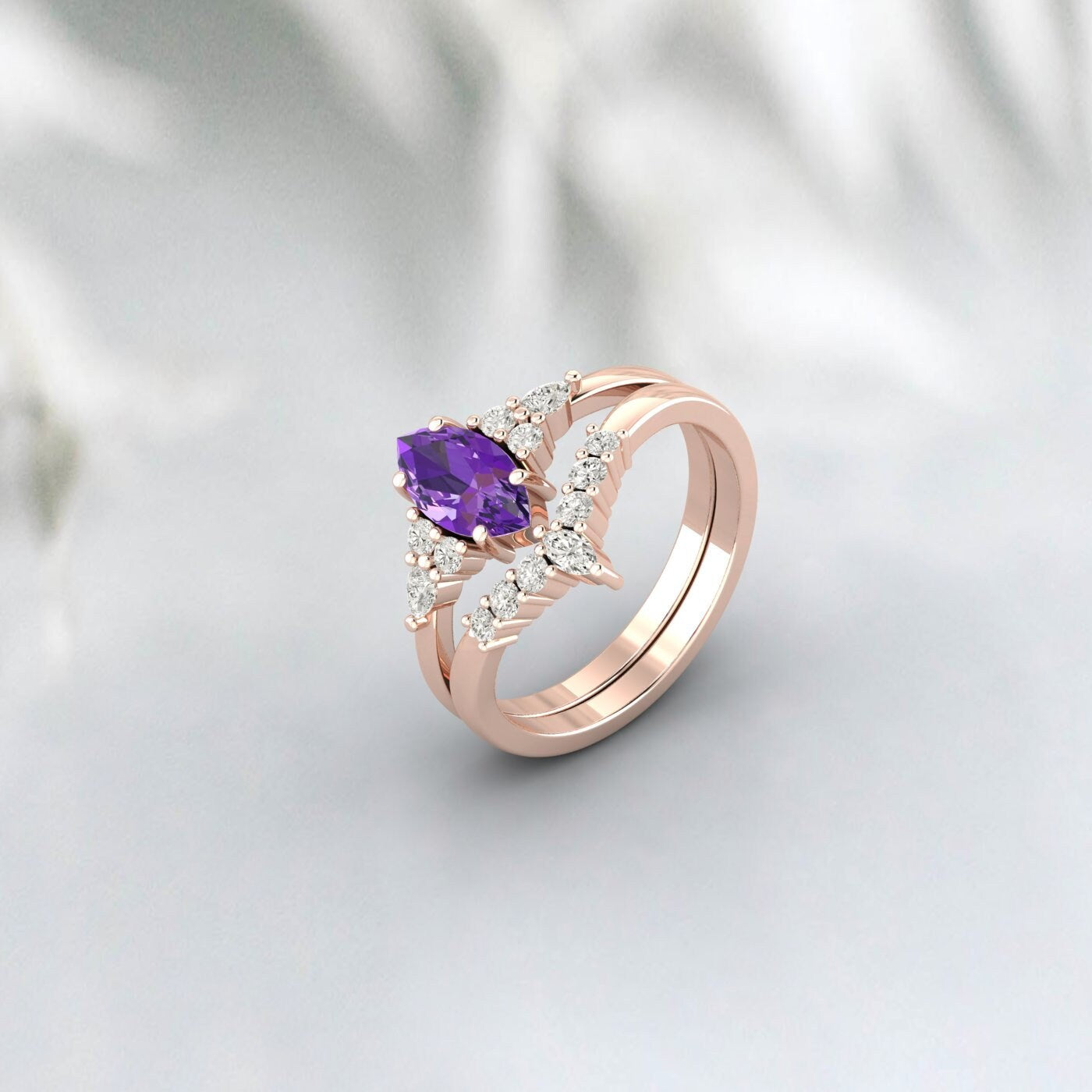 Marquise Cut Purple Amethyst Ring Bague de fiançailles Ensemble de bague de mariée