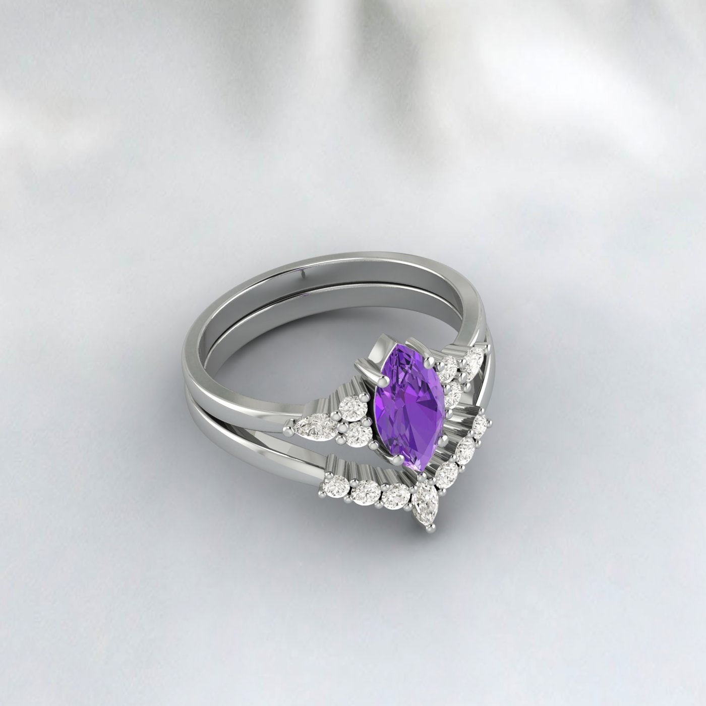 Marquise Cut Purple Amethyst Ring Bague de fiançailles Ensemble de bague de mariée