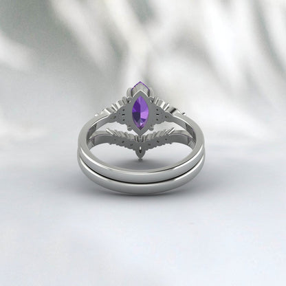 Marquise Cut Purple Amethyst Ring Bague de fiançailles Ensemble de bague de mariée