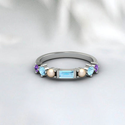 Baguette Aquamarine Wedding Band Amethyst Pearl Ring Gift For Her