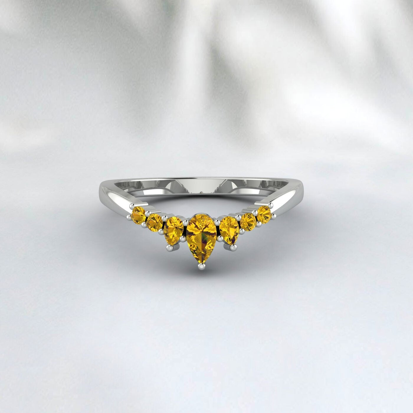 Crown Citrine Wedding Ring Pear Cut Citrine Chevron Annniversary Ring