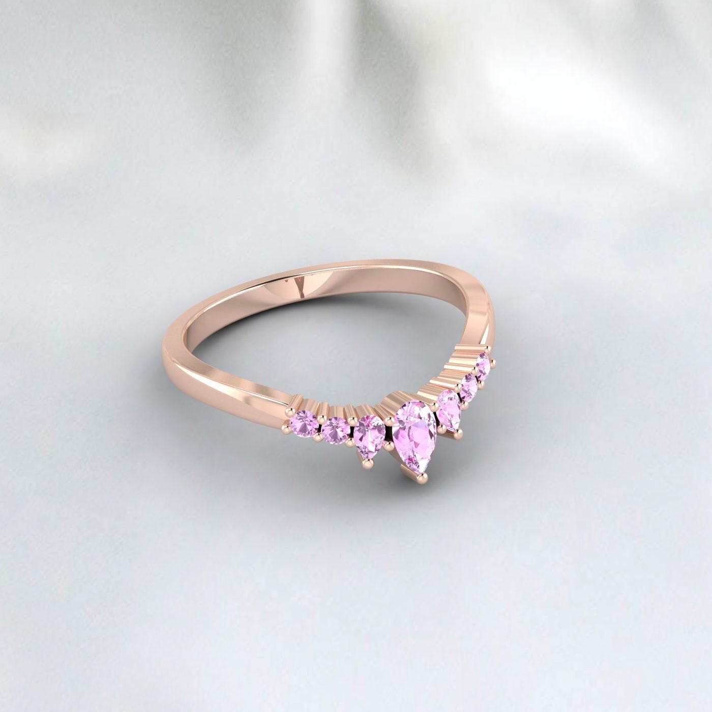 Real Pink Sapphire Wedding Band 14k Yellow Gold Stackable Silver Ring