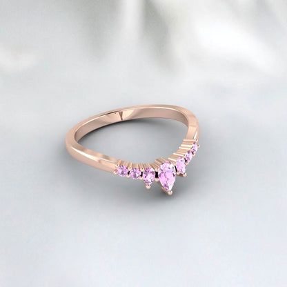 Alliance en saphir rose véritable, bague en argent empilable en or jaune 14 carats