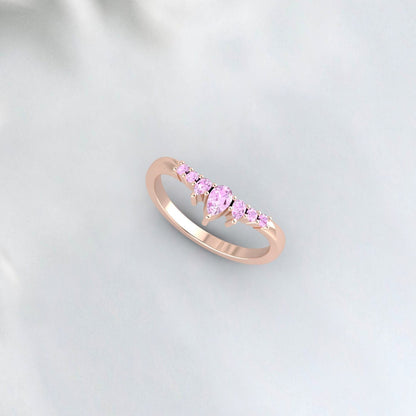 Real Pink Sapphire Wedding Band 14k Yellow Gold Stackable Silver Ring