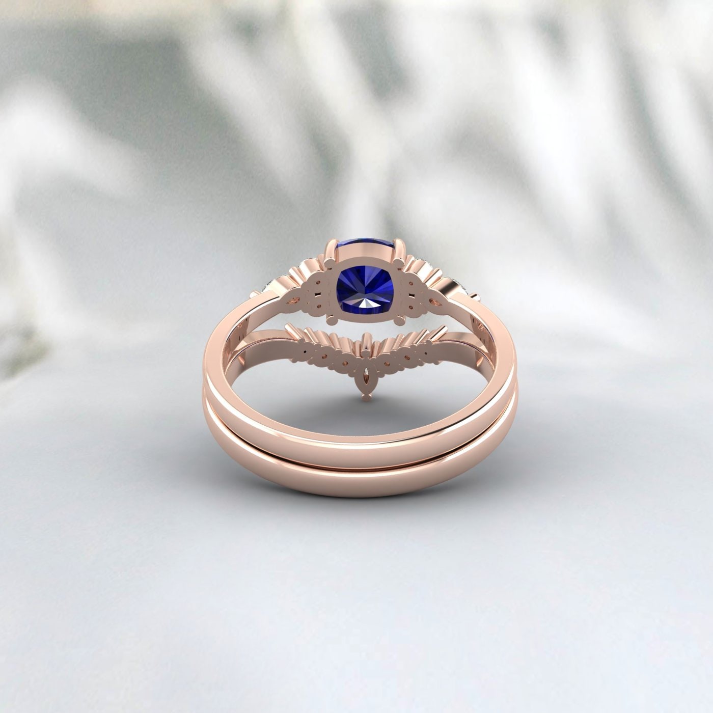 Cushion Sapphire Engagement Ring Set Wedding Bridal Promise Ring Set