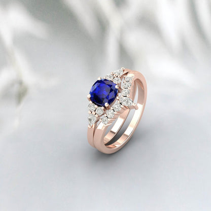 Cushion Sapphire Engagement Ring Set Wedding Bridal Promise Ring Set