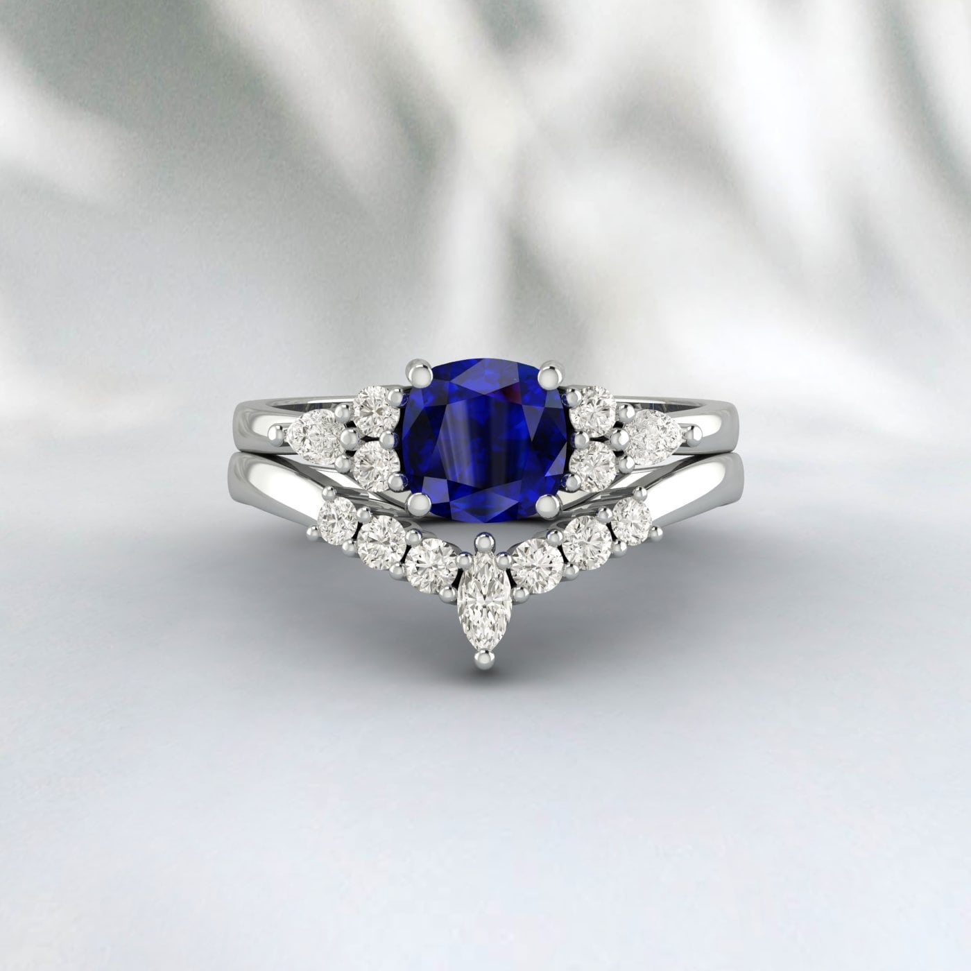 Cushion Sapphire Engagement Ring Set Wedding Bridal Promise Ring Set