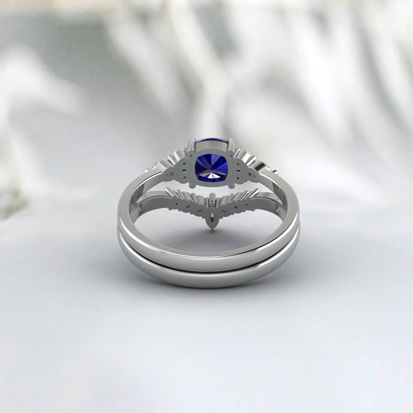 Cushion Sapphire Engagement Ring Set Wedding Bridal Promise Ring Set