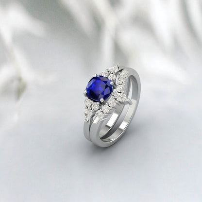 Cushion Sapphire Engagement Ring Set Wedding Bridal Promise Ring Set