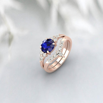 Blue Sapphire Engagement Ring Set Silver Wedding Bridal Promise Ring