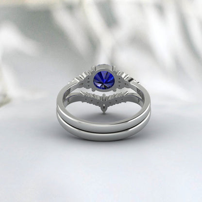 Blue Sapphire Engagement Ring Set Silver Wedding Bridal Promise Ring