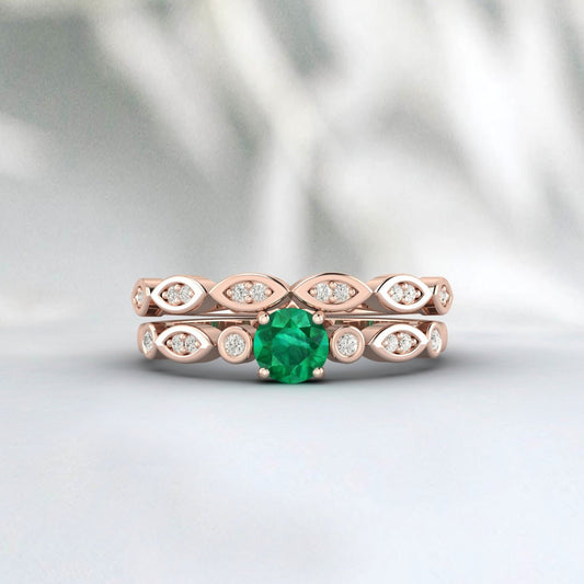 Vintage Round Rose Gold Engagement Ring Emerald Ring Bridal Set Prong Set Ring Rose Gold Promise Ring Anniversary Gift May Birthstone Ring