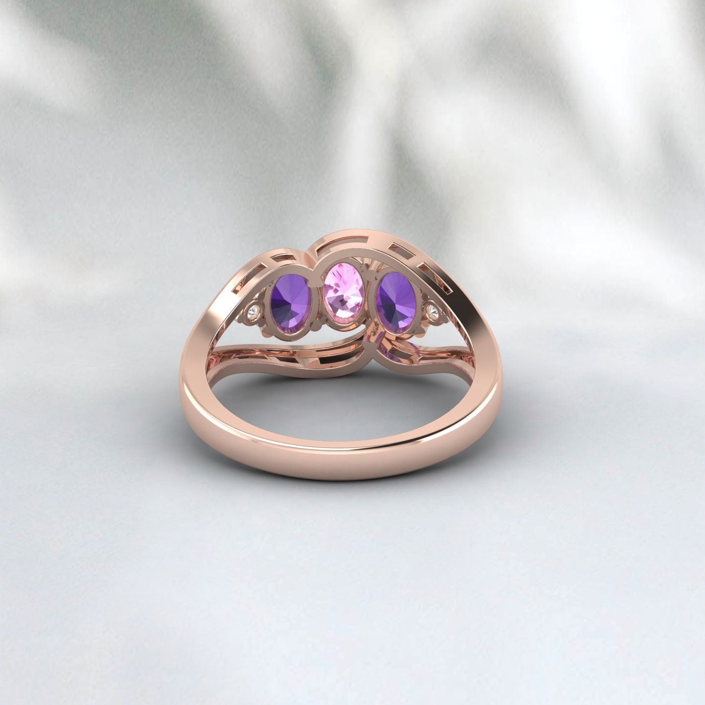 Bague de fiançailles ovale avec saphir rose et améthyste multi-pierres précieuses