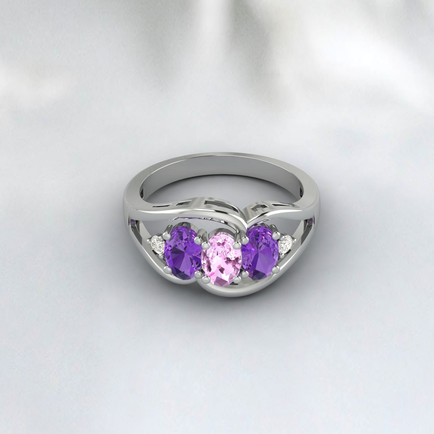 Oval Cut Multi Gemstone Pink Sapphire & Amethyst Engagement Ring