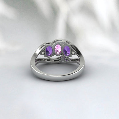 Oval Cut Multi Gemstone Pink Sapphire & Amethyst Engagement Ring