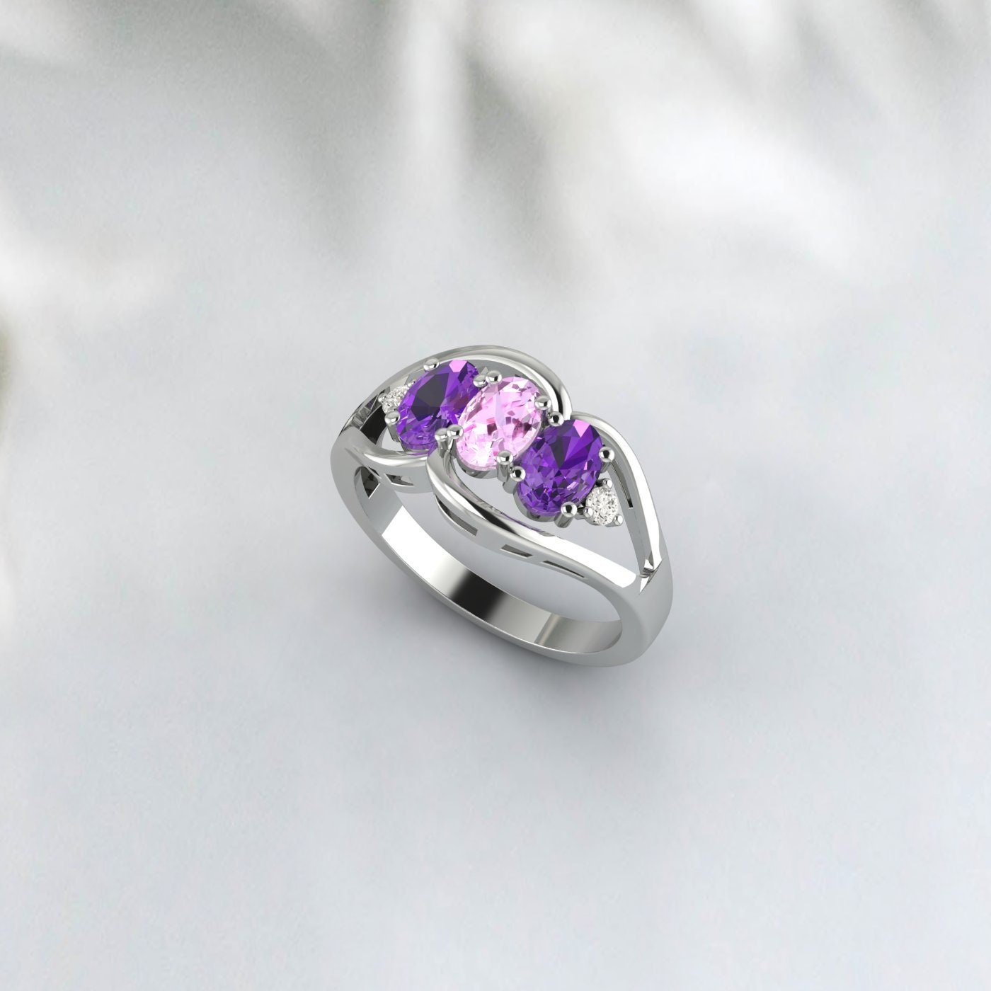 Oval Cut Multi Gemstone Pink Sapphire & Amethyst Engagement Ring