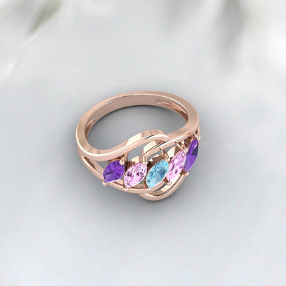 Multi Gemstone Ring Amethyst,Aquamarine,Pink Sapphire Wedding Ring