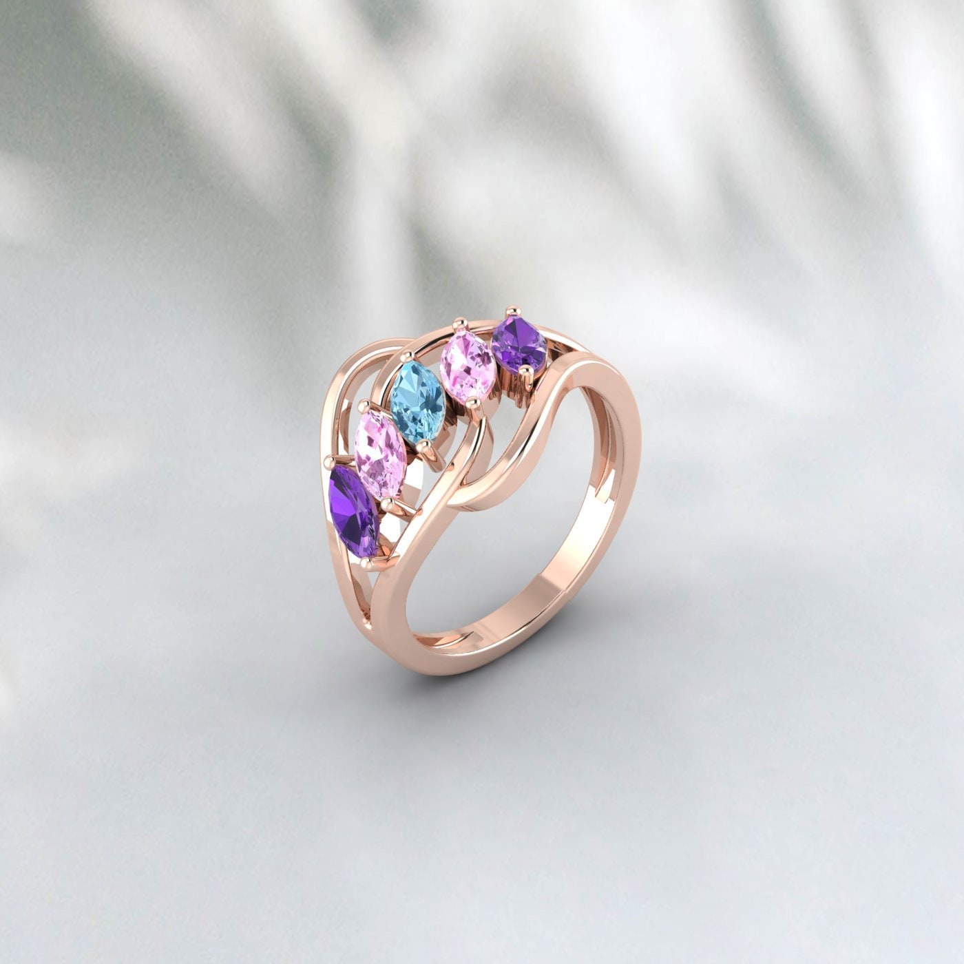 Multi Gemstone Ring Amethyst,Aquamarine,Pink Sapphire Wedding Ring