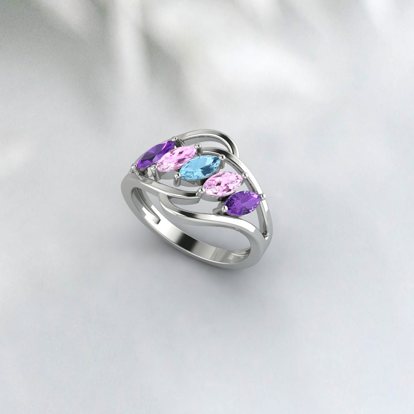 Multi Gemstone Ring Amethyst,Aquamarine,Pink Sapphire Wedding Ring