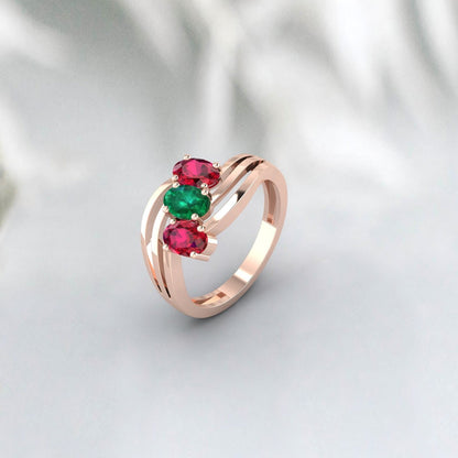 Oval Cut Red Ruby And Emerald Ring July Birthstone Wedding Ring