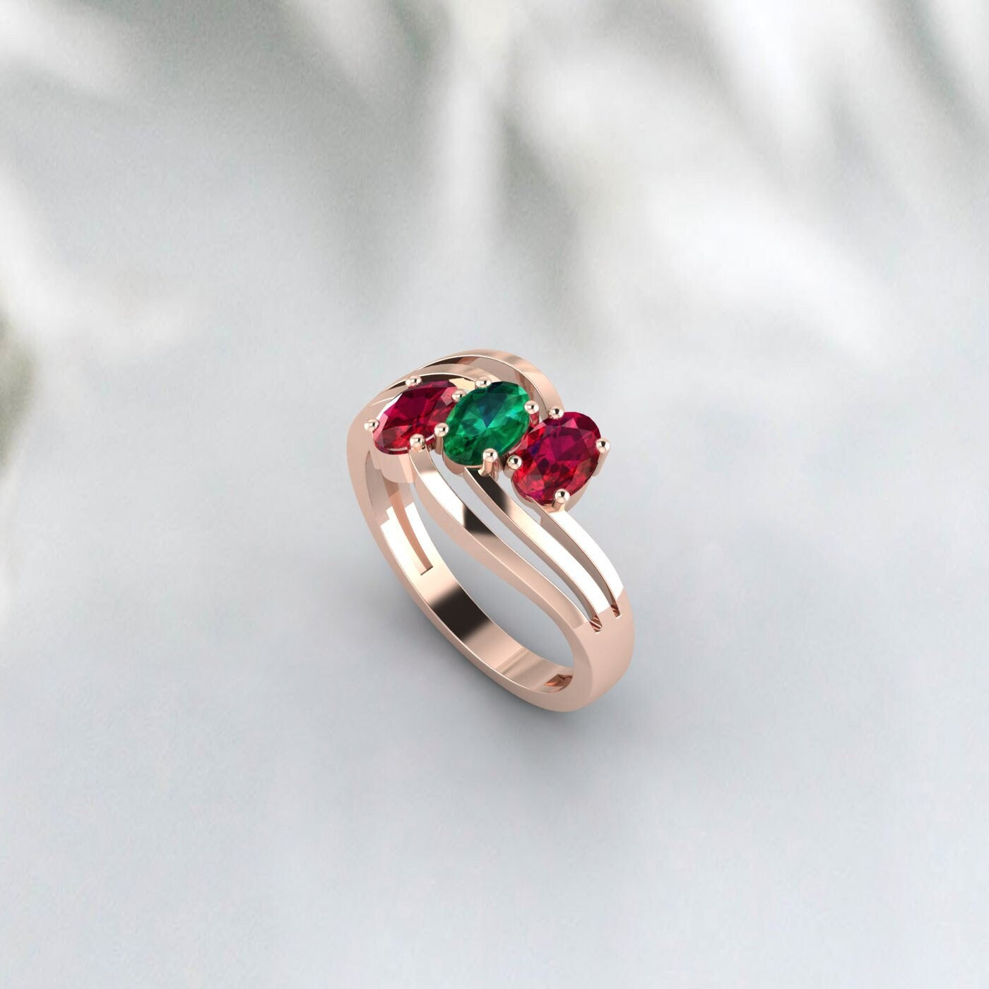 Oval Cut Red Ruby And Emerald Ring July Birthstone Wedding Ring