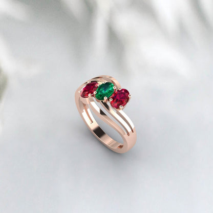 Bague ovale rubis rouge et émeraude bague de mariage avec pierre de naissance de juillet