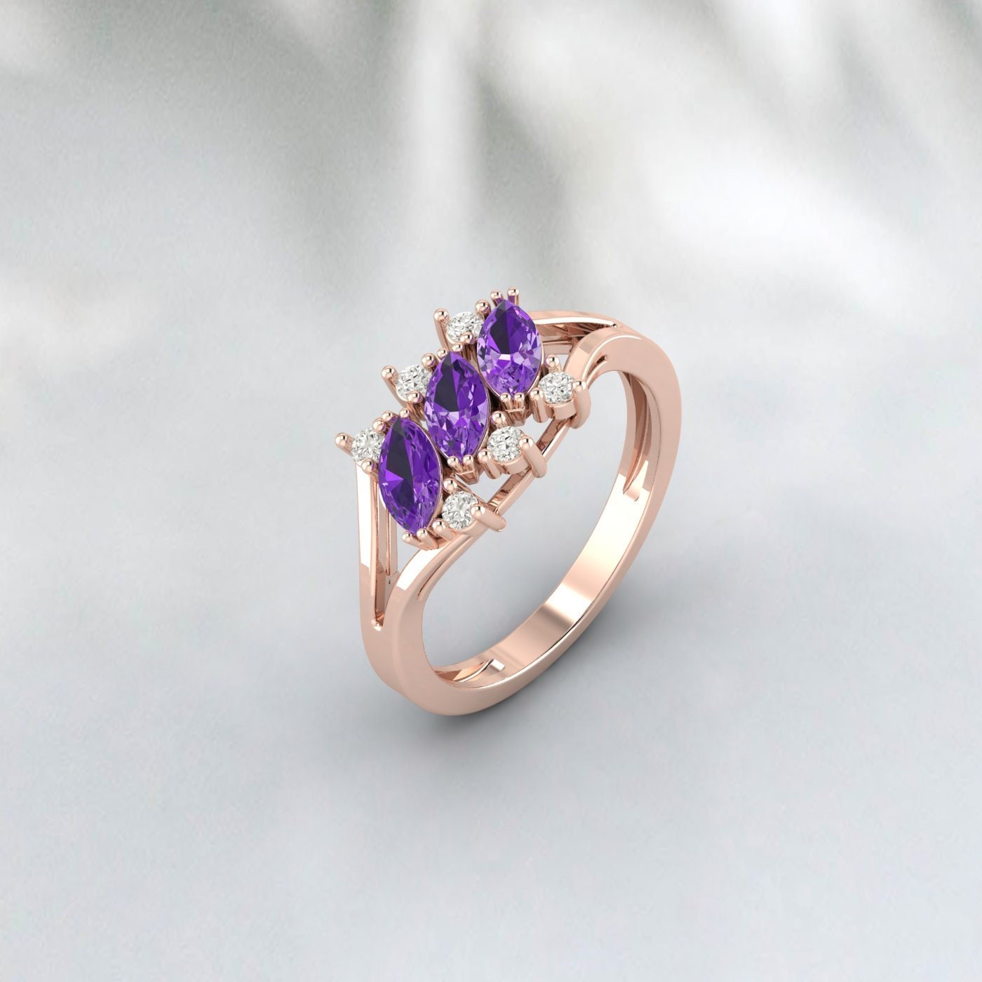 Marquise Amethyst Silver Ring February Birthstone wedding Band