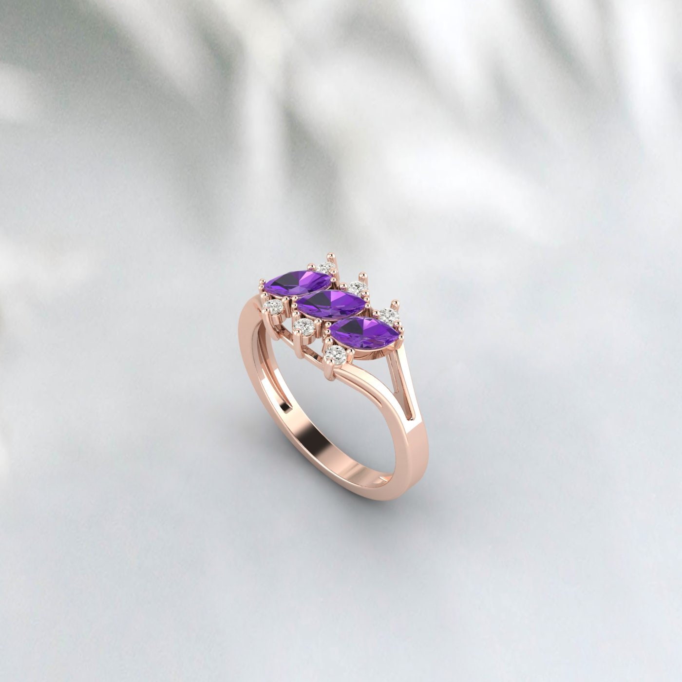 Marquise Amethyst Silver Ring February Birthstone wedding Band