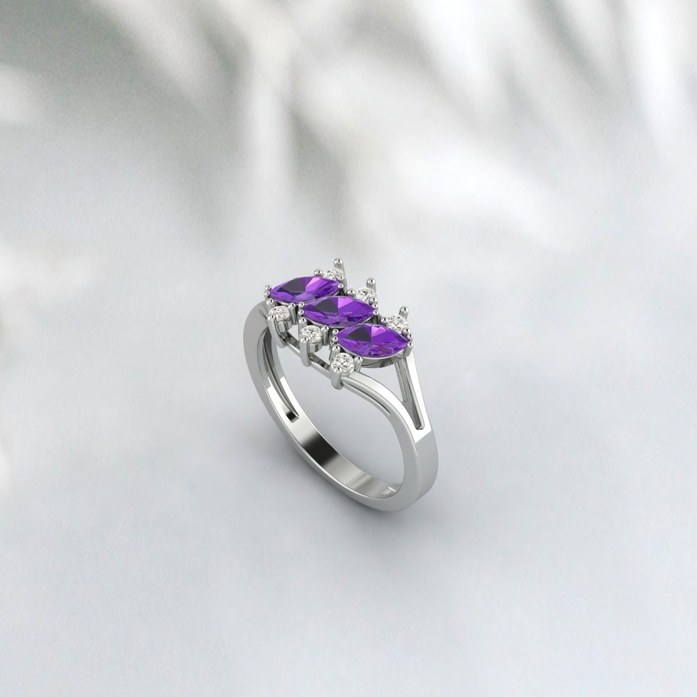 Marquise Amethyst Silver Ring February Birthstone wedding Band