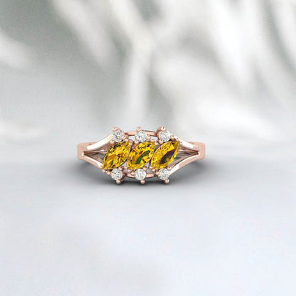 Marquise Cut Citrine Cluster Ring November Birthstone Wedding Ring