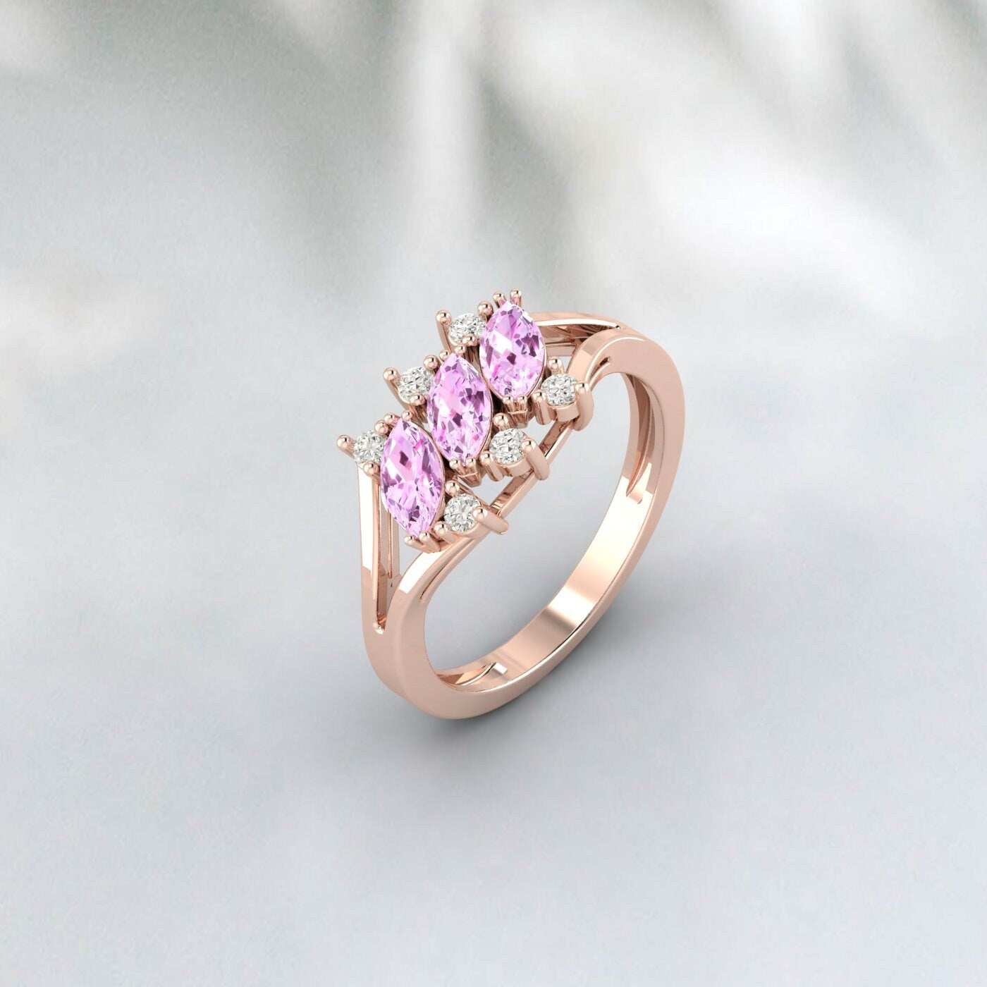 Bague de mariage en saphir rose Cluster Marquise, bague de fiançailles en saphir