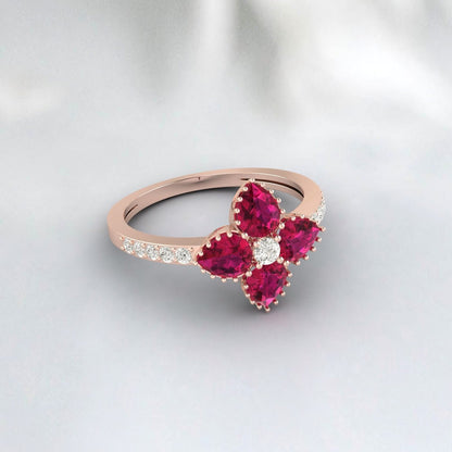 Bague rubis en or rose en forme de fleur, bague de fiançailles de mariage vintage