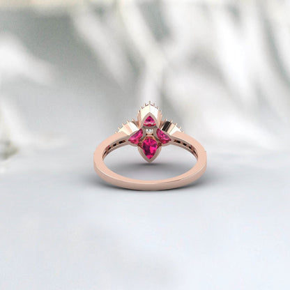 Bague rubis en or rose en forme de fleur, bague de fiançailles de mariage vintage