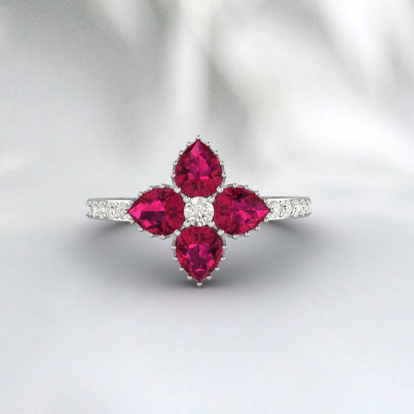 Rose Gold Ruby Ring Flower Shape Vintage Wedding Engagement Ring