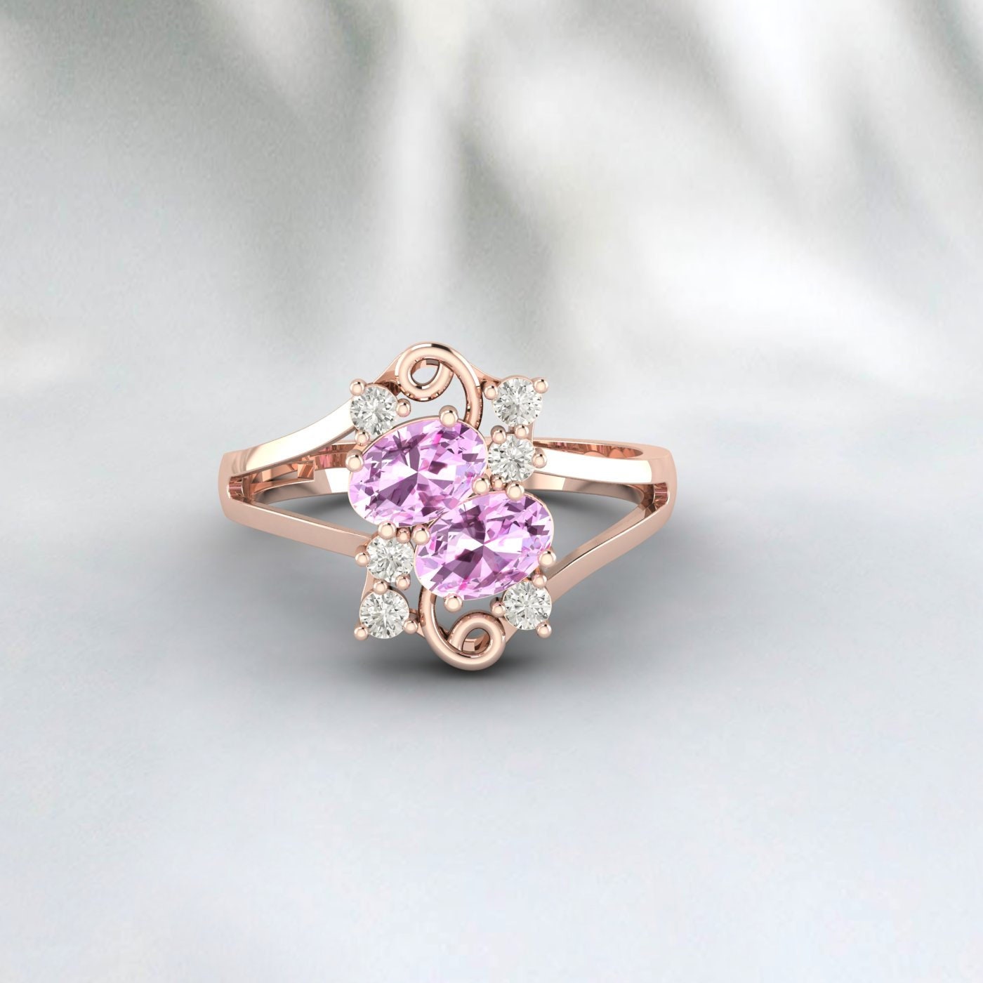 Art Deco Engagement Rose Gold Pink Sapphire Oval Cut Promise Ring