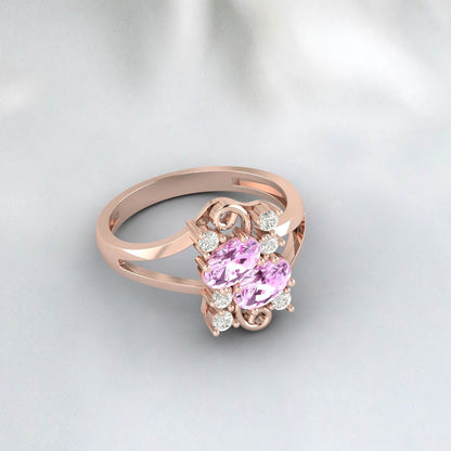 Bague de promesse Art Déco Fiançailles Or Rose Saphir Rose Coupe Ovale